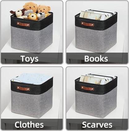 HNZIGE Storage Foldable Baskets Cubes Set(3 Pack) Fabric Bins for Shelves,13 Inch Storage Basket for Organizing with Leather Handles for Home, Toys, Clothes, Kids Room, Closet Storage(Black&White)