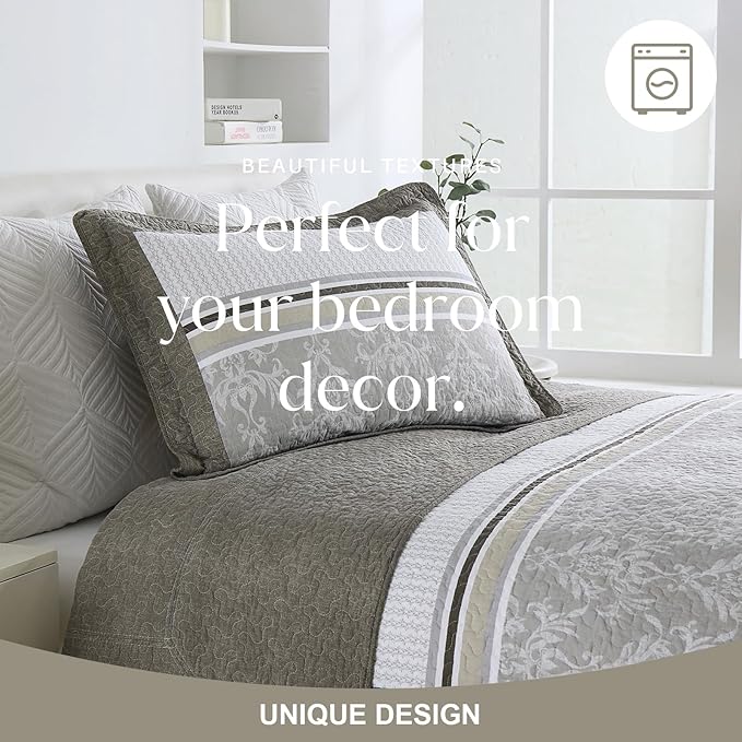 Oversized King Bedspread Quilt 128" x 120", 100% Cotton Lightweight Bed Spreads Coverlet Set Farmhouse Bedding Cover, 3 Piece, Brown/Gray/Beige