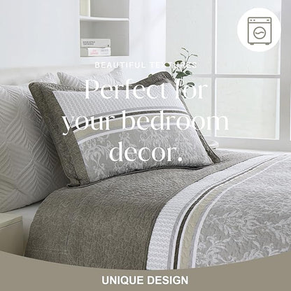 Oversized King Bedspread Quilt 128" x 120", 100% Cotton Lightweight Bed Spreads Coverlet Set Farmhouse Bedding Cover, 3 Piece, Brown/Gray/Beige