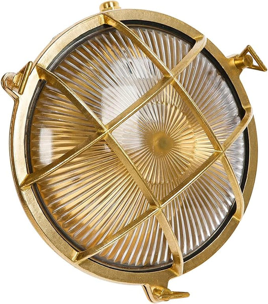 Sunluck Brass Bulkhead Light Grid Round Nautical Wall Lampshade,Ceiling Mount,Sauna Light Waterproof IP54,Rust Resistant,Decoration Cafe,Bar,Porches,Patios,Restaurants
