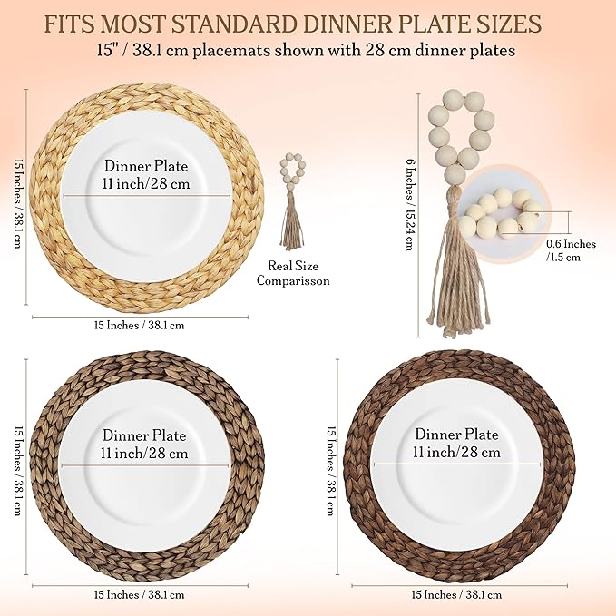 Round Woven Placemats Set of 6 (15 Inch) with Canvas Bag – Handwoven Water Hyacinth Table Mats, Boho Farmhouse Dining Decor, Heat Resistant Wicker Chargers by DECHUSE