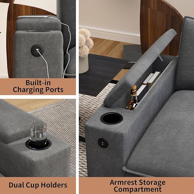 115" L Shaped Cloud Sofa Couch with Ottoman, Storage Armrest, Cup Holders, USB & Type-C Ports, Spring Cushions, Solid Wood Frame, Chenille Modular Sectional for Living Room (Dark Gray-L-115.2")