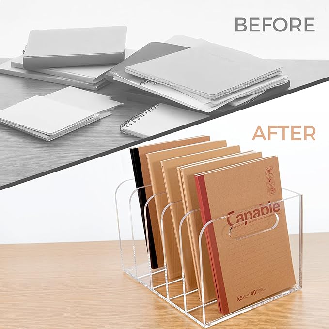 Acrylic Magazine File Holder, 5 Vertical Compartments Desk Document Sorter Organizer, Clear Folder Rack Binder for Office/Documents/Classroom, for Home, Tablet, Magazines, Books & Accessories