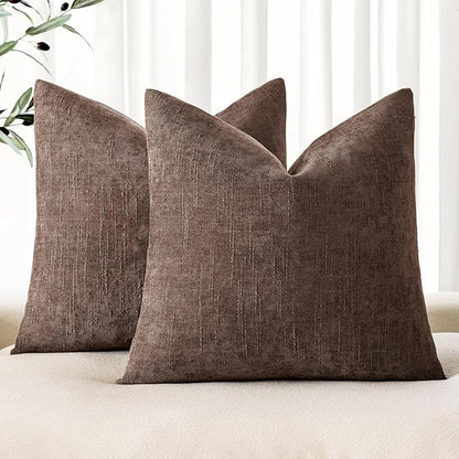 MIULEE Pack of 2 Decorative Throw Pillow Covers Soft Chenille Euro Throw Pillows Solid Textured Cushion Covers for Couch Sofa Bedroom Living Room 24x24 Inch, Chocolate