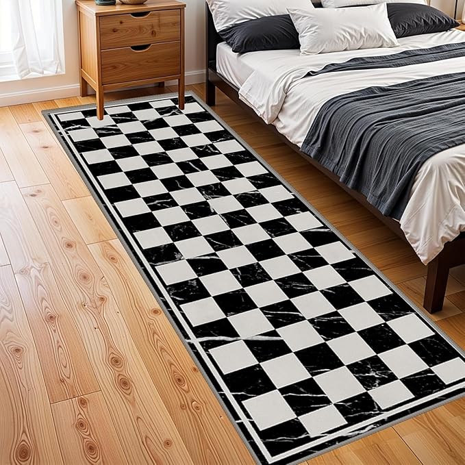 Grey Black Checkered Kitchen Hallway Carpet, 2.6x10ft, Abstract Black Marble Indoor Decor Washable Rugs, Durable Soft Cozy Non Slip Rug, Breathable Non Shedding Mats for Front Porch