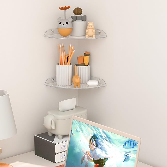 Sezanrpt 9.5x9.5 Inch Acrylic Corner Floating Shelf Set of 2, Clear Corner Wall Shelf for Home Décor, Speakers, Security Cameras, Toileries, Plants, Figures, Cosmetics, Books