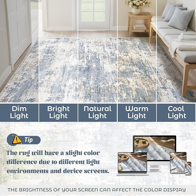 5x7 Area Rugs for Living Room, Washable Modern Abstract Large Area Rug Neutral Soft Non Slip Kids Rug Stain Resistant Indoor Carpet for Bedroom Nursery Dining Room Home Office(Blue, 5'x7')