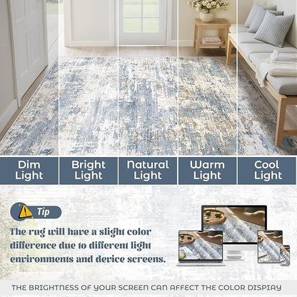 5x7 Area Rugs for Living Room, Washable Modern Abstract Large Area Rug Neutral Soft Non Slip Kids Rug Stain Resistant Indoor Carpet for Bedroom Nursery Dining Room Home Office(Blue, 5'x7')