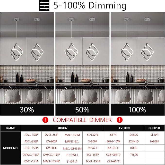 Modern LED Chandelier Chrome Rectangular Pendant Light Fixtures 4000K 20W Dimmable Height Adjustable Pendant Lighting for Dining Room Kitchen Island Bedroom Living Room Foyer（1-Pack）