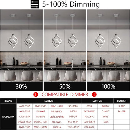 Modern LED Chandelier Chrome Rectangular Pendant Light Fixtures 4000K 20W Dimmable Height Adjustable Pendant Lighting for Dining Room Kitchen Island Bedroom Living Room Foyer（2-Pack）