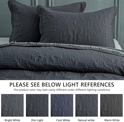 CHIXIN Bedspread Coverlet Quilt Set Full Size - Lightweight Bedding Cover - Ultrasonic Quilting - 5 Piece Reversible Bedspread - Elegant Damask Paisley Pattern (Full, Dark Grey)