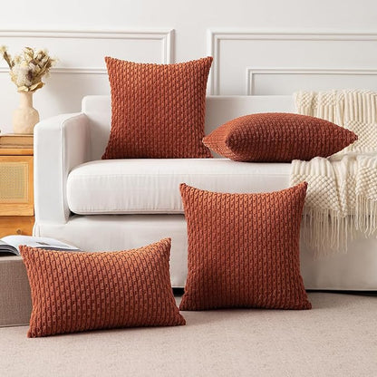 Kevin Textile Fall Pack of 2 Corduroy Decorative Throw Pillow Covers 16x16 Inch Soft Boho Striped Pillow Covers Modern Farmhouse Home Decor for Sofa Living Room Couch Bed Rust