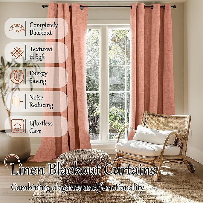 Lajode Terracotta 100% Linen Blackout Fall Curtains for Bedroom 95 Inch Long 52 Wide, Extra Long Thermal Insulated Light Blocking Curtains, Noise Refusing Window Drape Each 52x95 Inch 2 Panels