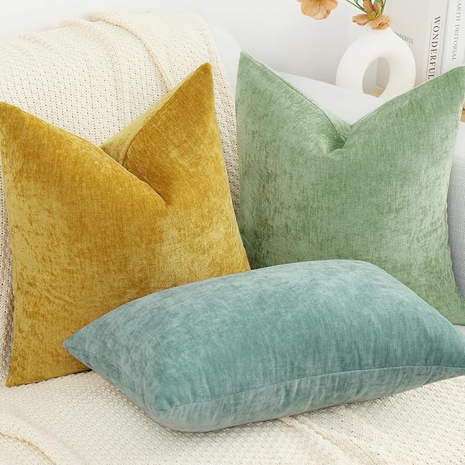 decorUhome Chenille Mineral Yellow Spring Throw Pillow Covers 24x24 Inch Set of 2, Decorative Soft Couch Pillow Covers Solid Dyed Accent Farmhouse Neutral Square Pillow Cases for Sofa