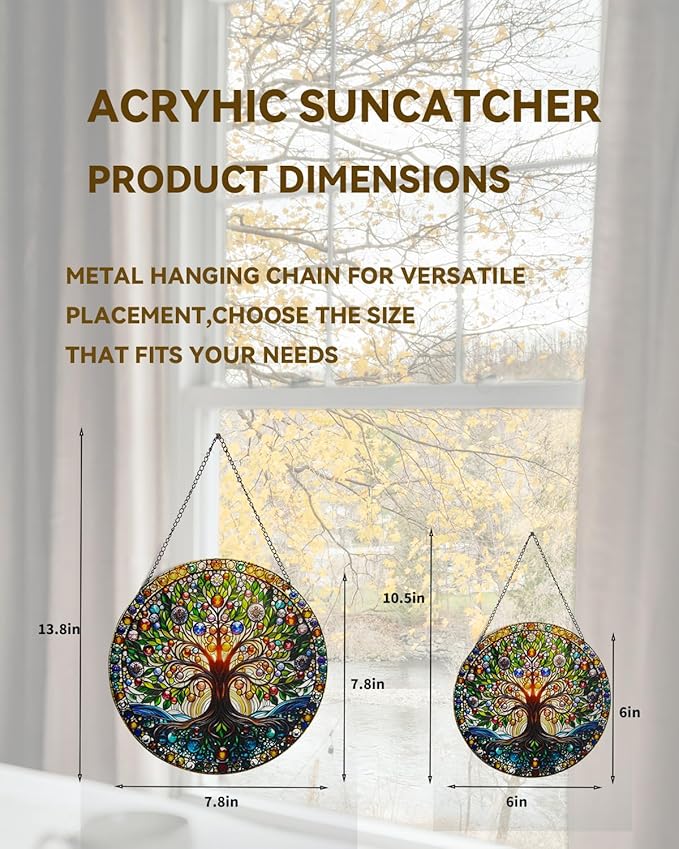 Stained Acrylic Window Handing-Life Tree Suncatcher for Window Doors,Home Decoration, Christmas,Thanksgiving Day,Mother's Day Birthday Gift for Women,Men,and Mom(6In)