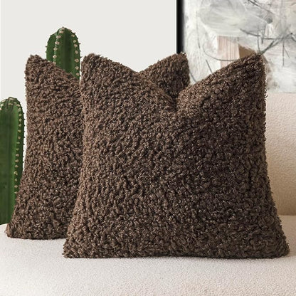 Foindtower 2 Pieces 26x26 Inch Dark Brown, Faux Fur Throw Pillow Cover Accent Sherpa Furry Pillow Covers Fuzzy Soft Pillowcases Cozy Sheepskin Decorative Fleece Cushion Case for Bed Couch Living Room