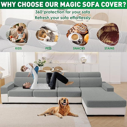 MAXIJIN Couch Cushion Covers for Sectional Sofa, Stretch Sofa Cushion Cover Washable Furniture Protector with Elastic Bottom & Non-Slip Strap for Pets Kids (1PC Seat Cover, Light Gray)