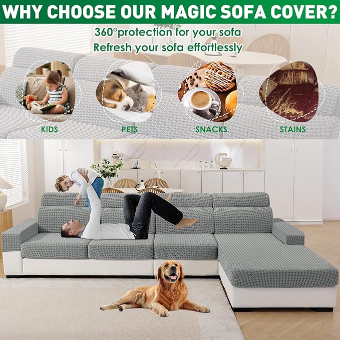 MAXIJIN Couch Cushion Covers for Sectional Sofa, Stretch Sofa Cushion Cover Washable Furniture Protector with Elastic Bottom & Non-Slip Strap for Pets Kids (1PC Chaise Cover, Light Gray)