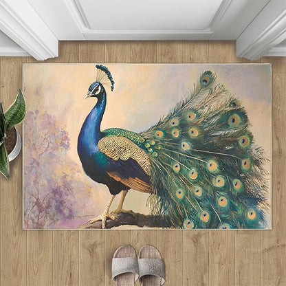 Peacock 4x6 Area Rugs for Living Room, Classic Animal Washable Non Slip Rugs, Gorgeous Feathers Low Pile Print Rug for Bedroom, Dining Room, Home Office