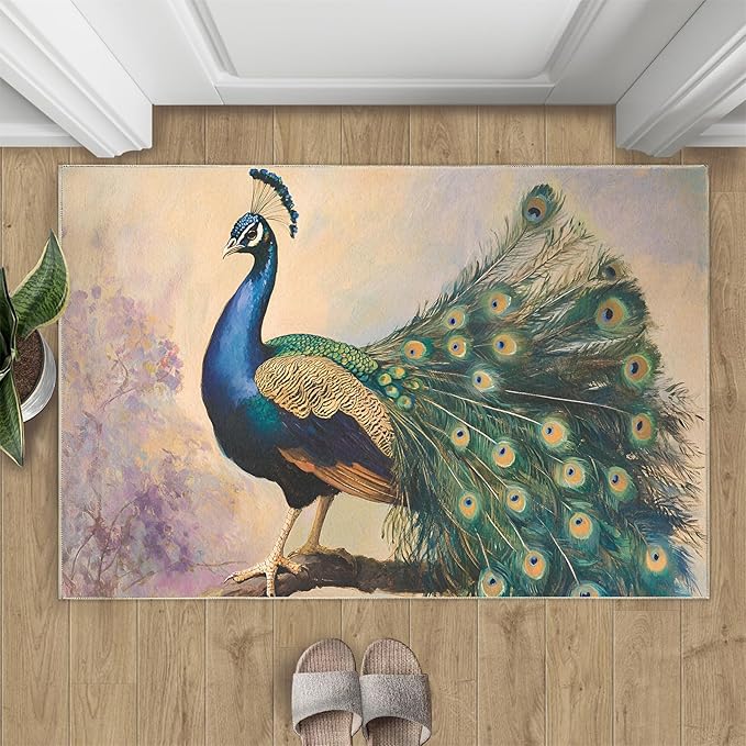 Peacock 6x8 Area Rugs for Living Room, Classic Animal Washable Non Slip Rugs, Gorgeous Feathers Low Pile Print Rug for Bedroom, Dining Room, Home Office