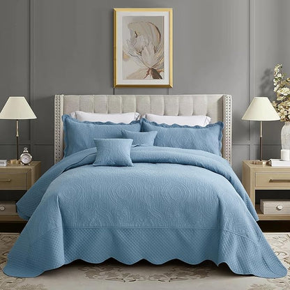 HZ & HY Oversized King Bedspread 128x120 Extra Wide, Ultrasonic Coverlet Bedding Set, Lightweight Thin Comforter, Reversible, 5 Piece, 100% Microfiber, Ashley Blue