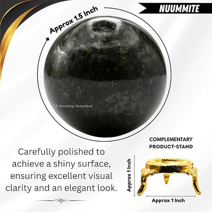 Amazing Gemstone Nuummite Crystal Ball with Stand - 1.5" Inches Crystal Sphere Meditation Balls for Witchcraft and Decorative Balls