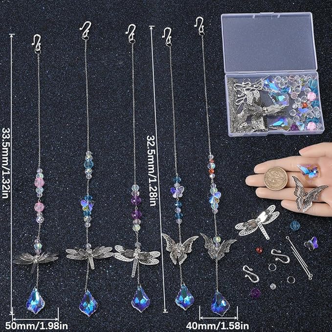 SUNNYCLUE 1 Box DIY 5 Sets Garden Suncatchers Rainbow Maker Suncatcher Prism Glass Crystal Beads Colorful Sun Catchers Making Kit Filigree Metal Butterfly Dragonfly Linking Charms for Window Door