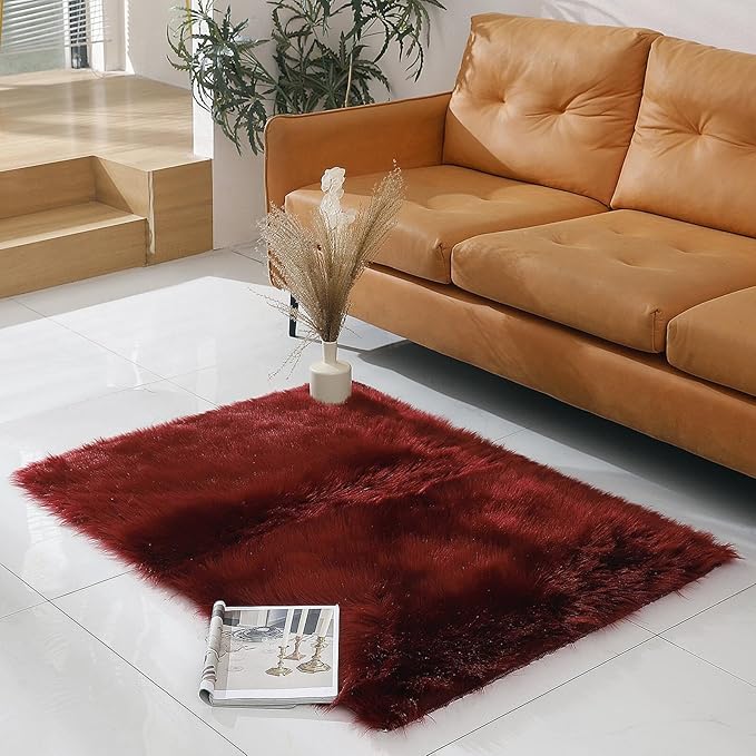 Faux Fur Rug Sheepskin Shag Fluffy Fuzzy Red 3x4 ft Rugs for Bedroom Bedside Bed Floor Living Room Plush Rectangle High-Density Cushion Carpet Super Sofa Cover