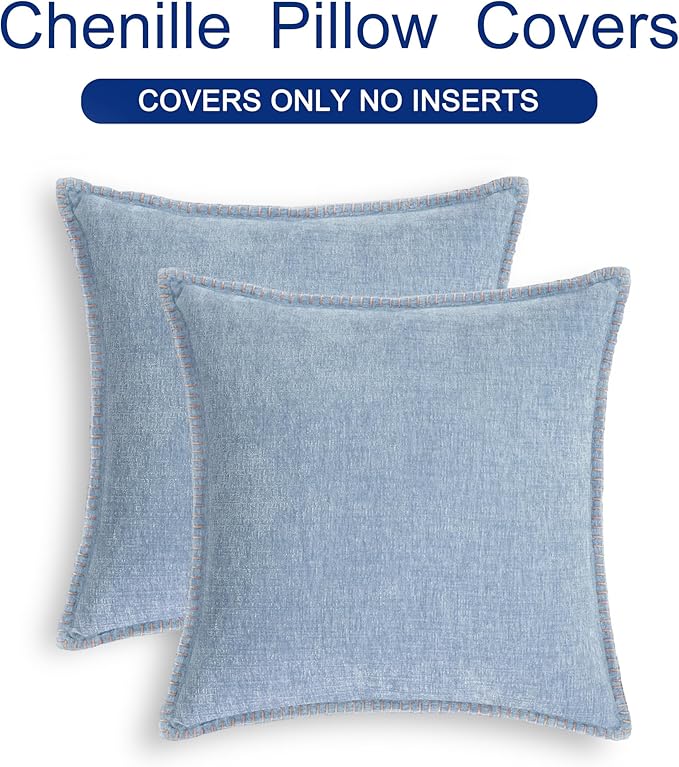 CaliTime Throw Pillow Covers Decorative 16 X 16 Inches Pack of 2 Cotton Thread Stitching Edges Solid Dyed Soft Chenille Cushion Cases for Couch Sofa Bed Living Room Farmhouse Baby Blue
