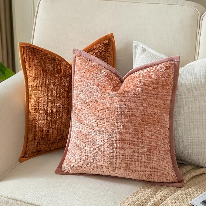 Yaertun Pack of 2 Chenille Textured Decorative Throw Pillow Covers Accent Solid Cushion Cover Soft Cozy Pillow Case with Velvet Back for Couch Sofa Bed Living Room 12x20 Inch Pink