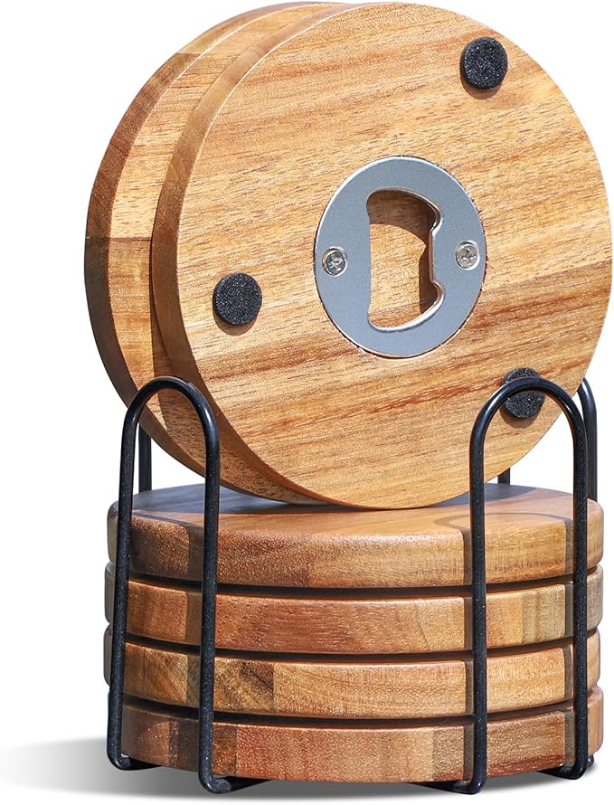 Wood Coasters for Drinks with Bottle Opener Holder Set of 6, Acacia Wooden Cup Coaster for Coffee Table Dining Table Desk with Non-Slip Pad for Dad Home Office Christmas Decor 4 Inch