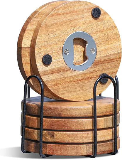 Wood Coasters for Drinks with Bottle Opener Holder Set of 6, Acacia Wooden Cup Coaster for Coffee Table Dining Table Desk with Non-Slip Pad for Dad Home Office Christmas Decor 4 Inch