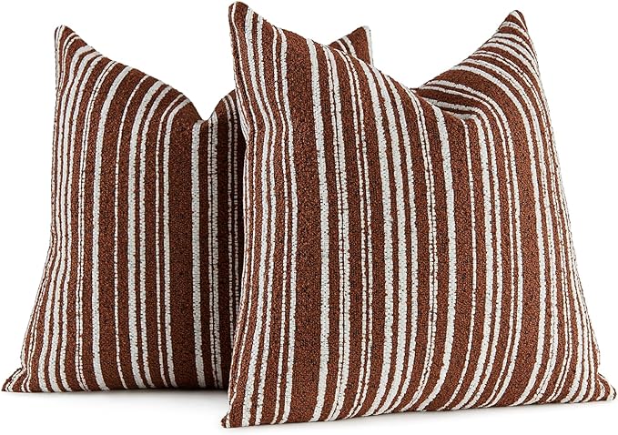 AmHoo Pack of 2 Textured Boucle Throw Pillow Covers Accent Striped Cozy Soft Decorative Couch Cushion Case for Chair Sofa Bedroom Living Room Home Decor 20 x 20-Inch Rustic Brown
