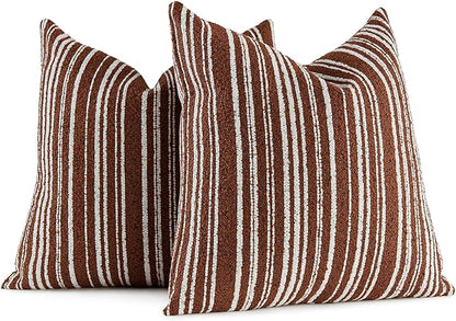AmHoo Pack of 2 Textured Boucle Throw Pillow Covers Accent Striped Cozy Soft Decorative Couch Cushion Case for Chair Sofa Bedroom Living Room Home Decor 18 x 18-Inch Rustic Brown