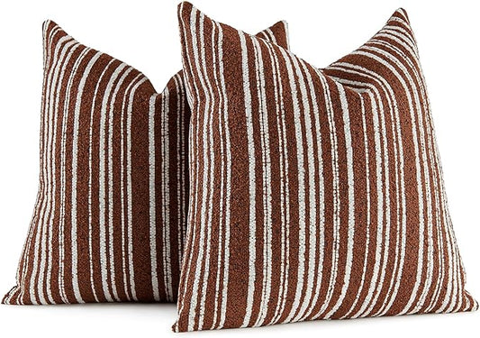 AmHoo Pack of 2 Textured Boucle Throw Pillow Covers Accent Striped Cozy Soft Decorative Couch Cushion Case for Chair Sofa Bedroom Living Room Home Decor 18 x 18-Inch Rustic Brown
