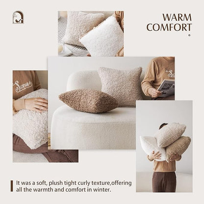 Foindtower 2 Pieces 26x26 Inch White, Faux Fur Throw Pillow Cover Accent Sherpa Pillow Fuzzy Soft Pillowcases Sheepskin Decorative Fleece Cushion Case for Bed Couch Living Room