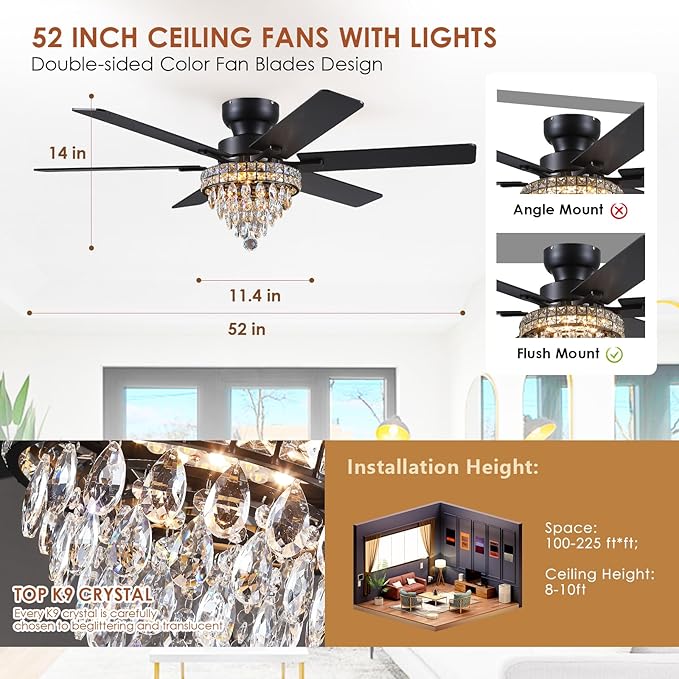 Asyko Chandelier Ceiling Fan -52" Crystal Ceiling Fan- Fandelier Fan Light Black with Remote, Silent Reversible Motor, Dual-Sided 6 Blades, 3 Speed, Timer, Indoor Fan Ceiling