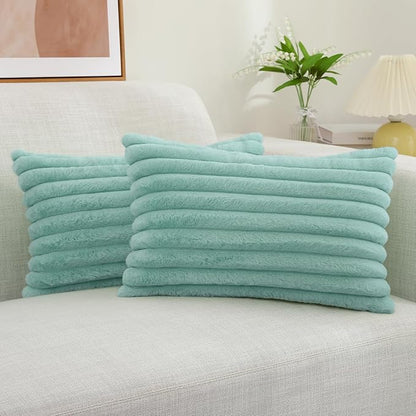 decorUhome Faux Fur Spring Throw Pillow Covers 12x20 Set of 2, Decorative Soft Plush Striped Lumbar Neutral Couch Pillow Covers with Velvet Back for Sofa, Bed, Living Room Home, Aqua