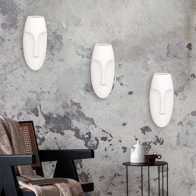Howard Elliott Ceramic Oval Decorative Face Hanging Wall Decor Sculpture, White Matte Glazed Finish Wall Vase Decor for Living Room, Bedroom, Hallway & Entryway, 10 x 5 Inch
