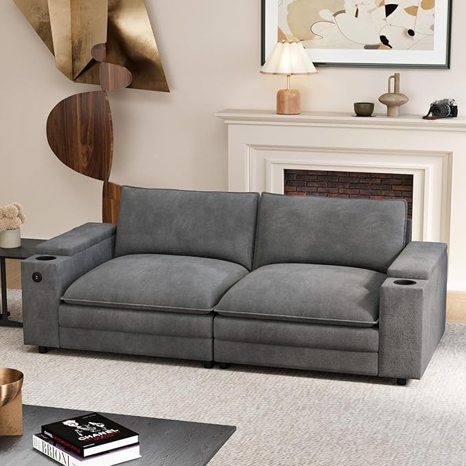 81.5" Loveseat Cloud Sofa Couch with Storage Armrest, Cup Holders, USB & Type-C Ports, Spring Cushions, Solid Wood Frame, Chenille Modular Sectional for Living Room