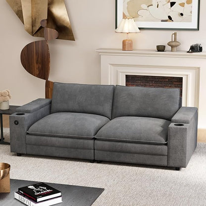 81.5" Loveseat Cloud Sofa Couch with Storage Armrest, Cup Holders, USB & Type-C Ports, Spring Cushions, Solid Wood Frame, Chenille Modular Sectional for Living Room