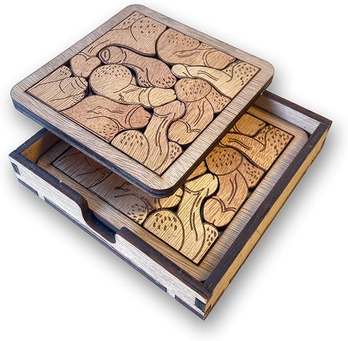 Funny Penis Wooden Puzzle Coasters Set - Unique and Playful Adult Drink Coasters with Holder - Perfect Fuck for Bachelor/Bachelorette Parties, Gag Gifts, and Fun Home Decor