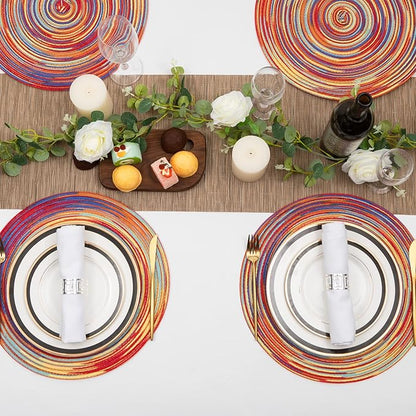 SHACOS Round Braided Placemats Set of 4 Variegated Colorful Placemats for Dining Tables Holiday Party Decor (Rainbow Red, 4)