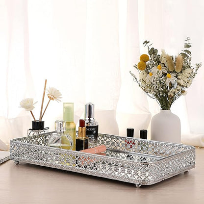 ELLDOO Perfume & Makeup Mirror Tray - Silver Metal Organizer for Dresser & Bathroom Countertop, Hollow-Carved Design Jewelry Storage Large Size 13.8" x 7.9"