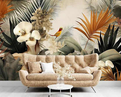 Flower Series Mural Colorful Leaves Seamless Wall Mural, Birds Resting on Flowers Wallpaper for Bedroom, Living Room, Bathroom Background Wall Decoration（Non-self-Adhesive）
