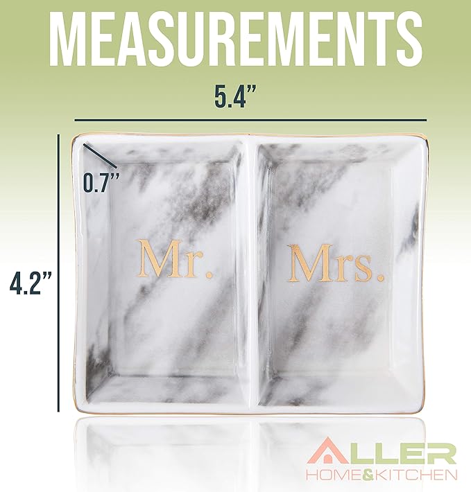 Aller Home & Kitchen Mr. & Mrs. Ring Dish - Marble Design Trinket Dish, Couples Ring Holder Dish - His and Hers Two Section Jewelry Dish Tray, Great for Wedding and Engagement Gifts