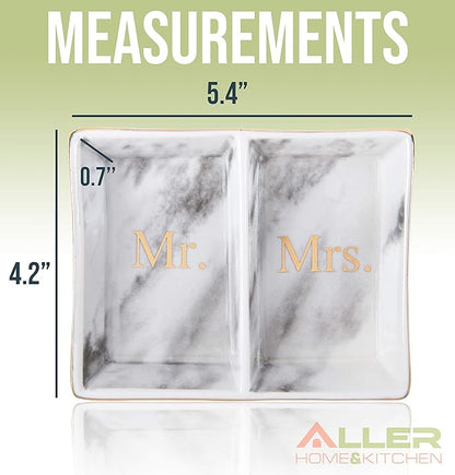 Aller Home & Kitchen Mr. & Mrs. Ring Dish - Marble Design Trinket Dish, Couples Ring Holder Dish - His and Hers Two Section Jewelry Dish Tray, Great for Wedding and Engagement Gifts