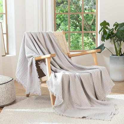 MooMee Muslin Blanket - 100% Cotton 4-Layer Gauze Throw Blanket with All-Around Fringe, Ultra-Soft Breathable Lightweight Cooling Decorative for Bed, Sofa & Couch (Light Grey,Super King 108" x 98")