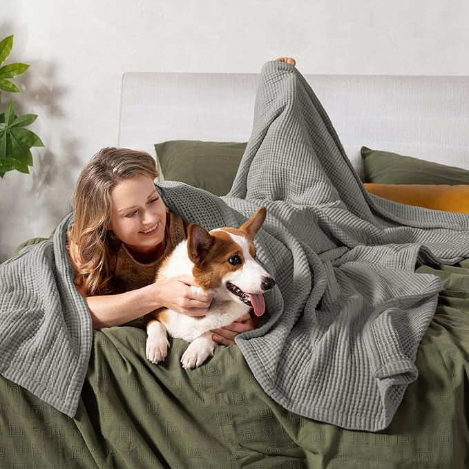 PHF 100% Cotton Waffle & Muslin Blanket King Size, Soft Breathable Luxury 400GSM Versatile Reversible Bedding for Bed, Great for Layering in Cold Weather, Home Decor Gift, 104" x 90", Frosted Grey