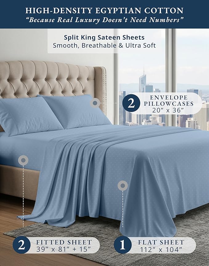 LANE LINEN Split King Sheets for Adjustable Beds - 5PC Sheets Set, 100% Egyptian Cotton, Cool Breathable & Soft, 2 Fitted Fits Upto 15" Deep Pockets - Swiss Dot French Blue